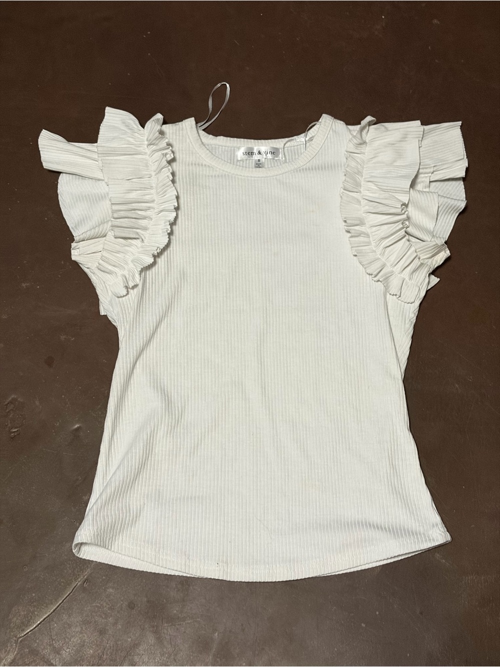 Ribbed Ruffle Sleeve Top - White